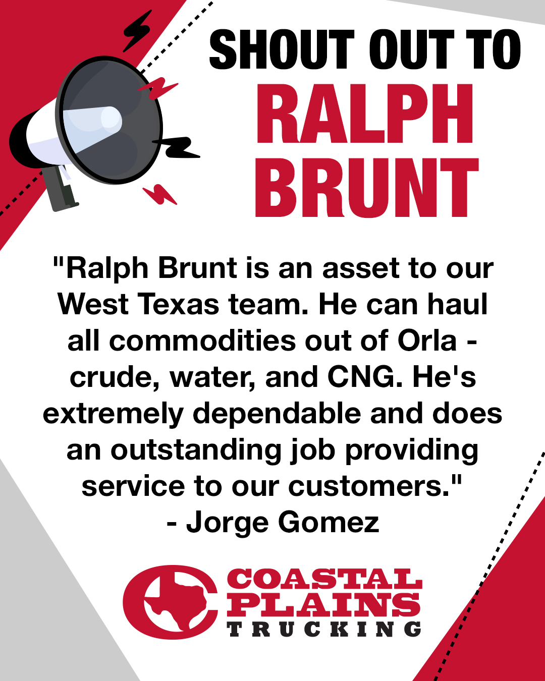Ralph Brunt shout out graphic for Coastal Plains Trucking.