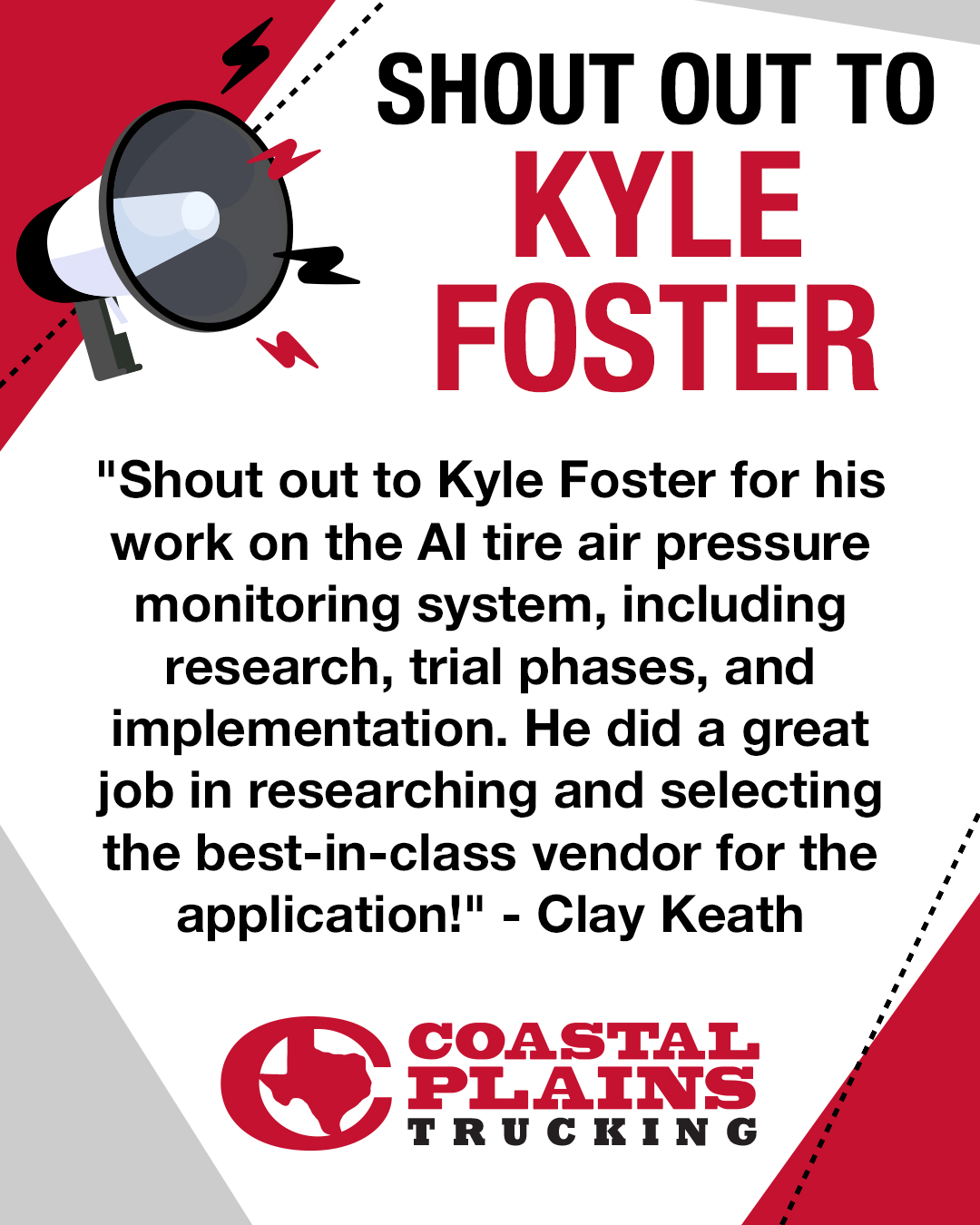 Kyle Foster shout out graphic for Coastal Plains Trucking.